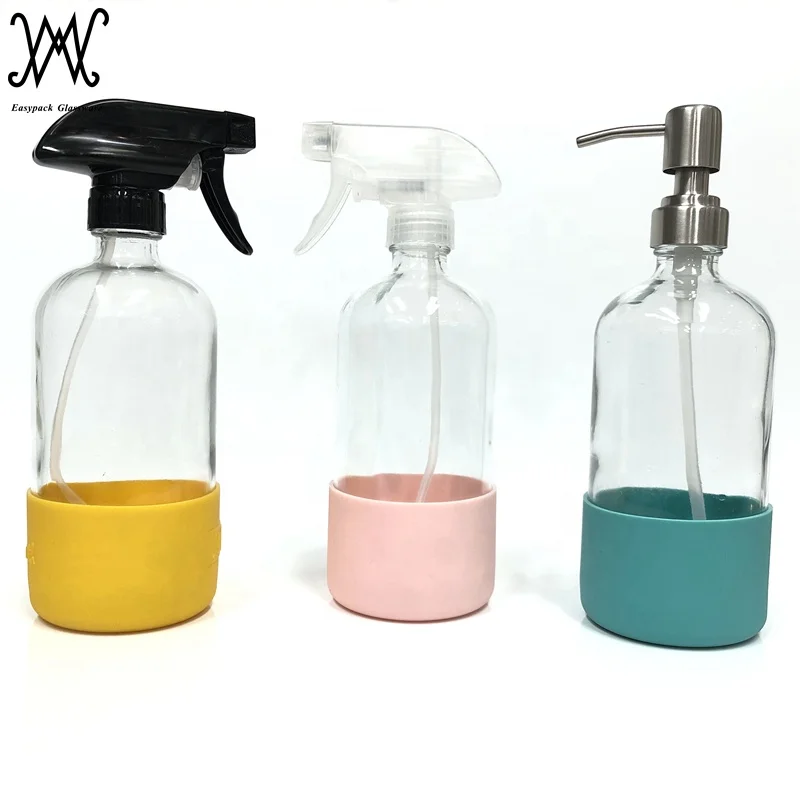 16oz clear amber cobalt blue boston round glass gun spray bottle with silicone sleeve