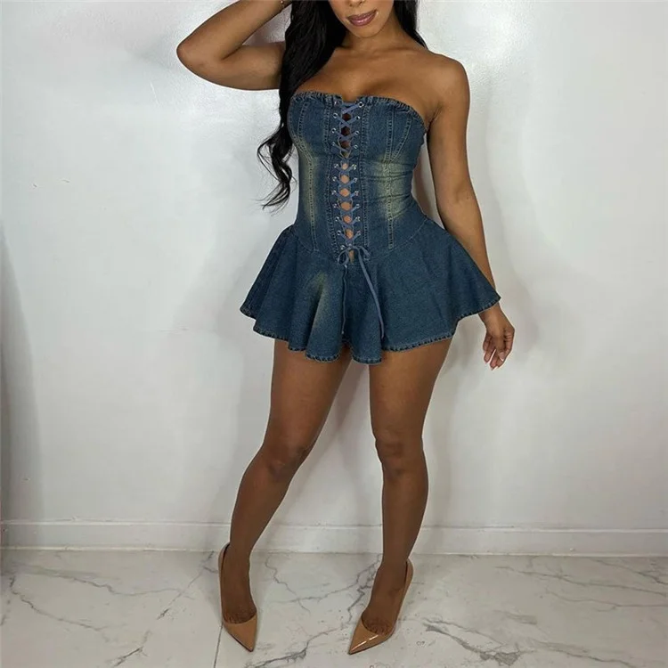 Women Strapless Denim Bodycon Lady Up Ruffles Mini Dress 2024 Summer Street Night Club Dresses