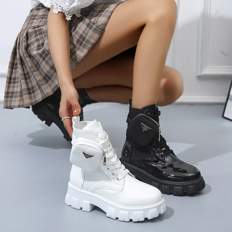 Black Punk Ankle Platform Motorcycle Boots Women Lace Up Chunky Heel Belt Buckle Designer Shoes Women Botas De Mujer