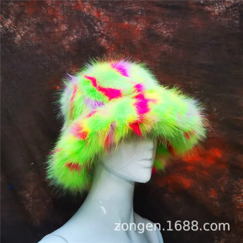 2022 Winter Women Keep Warm Rainbow Hat Faux Fox Fur Basin Female Fashion Casual Party Bucket Hat Music Festival Thickened Hat
