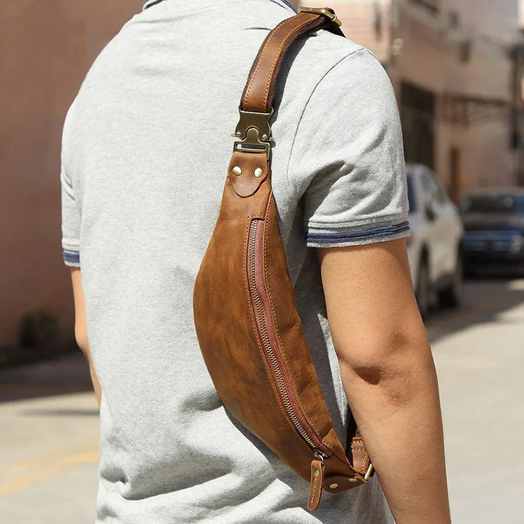 Cow leather men messenger bag fashion waist bag for cell phone male crazy horse leather chest bag