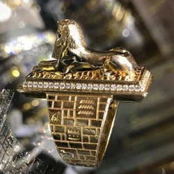 Mens Gold Rings with Lion, Pyramid Sphinx Hip Hop Gold Lion Head Ring