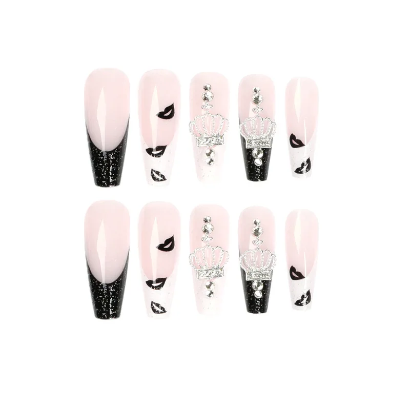 Custom Label 24pcs\box Luxury Black White Lip Crown Decoration False Nails XXL Extra Long Ballerina Press On Nails