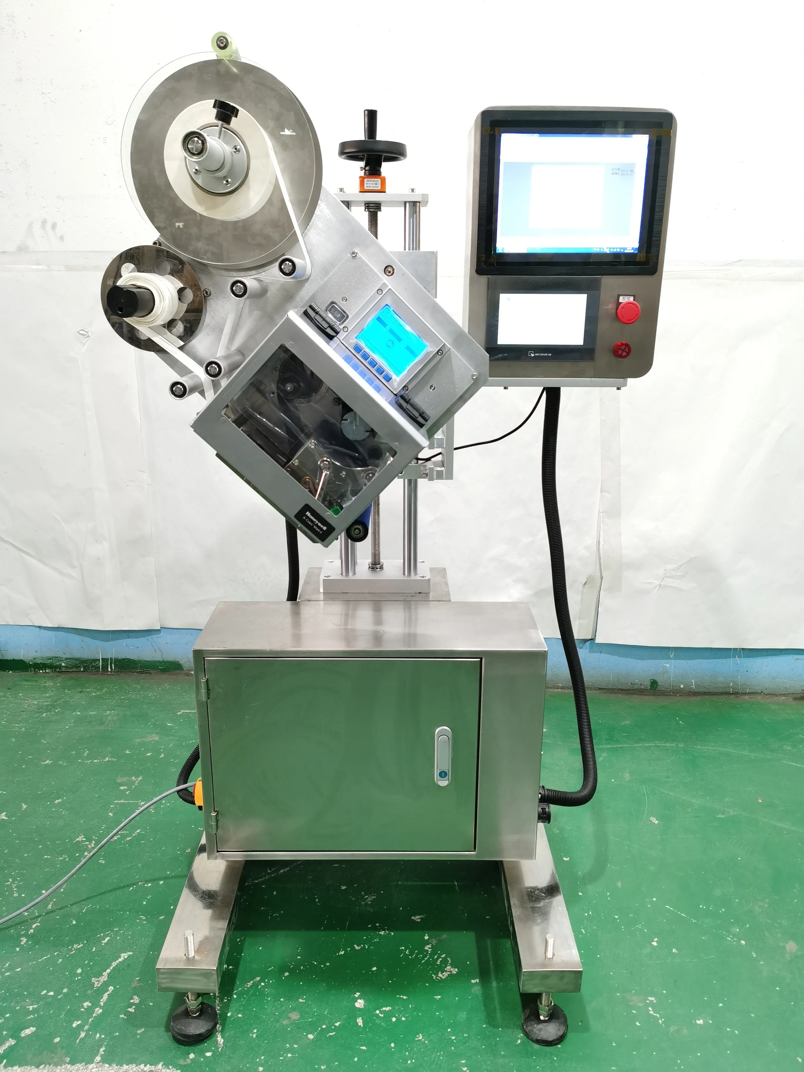 YM210P Automatic online flat top side Zebra printing labeling machine for bag pouch carton