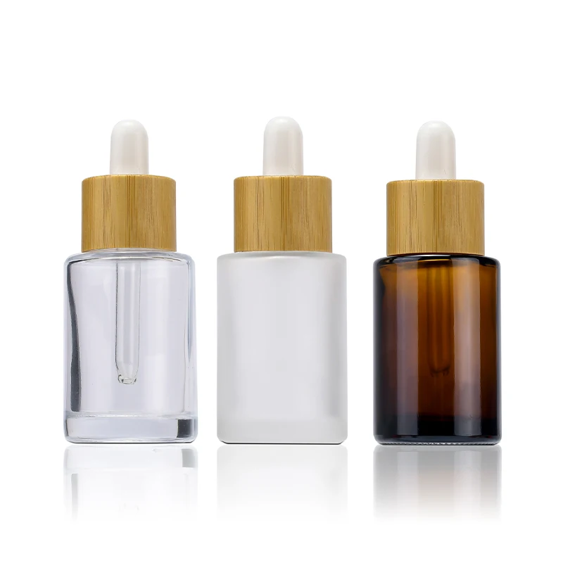 20ml 30ml 50ml 60ml 80ml 100ml essential oil serum flat shoulder amber clear glass dropper bottle with bamboo dropper