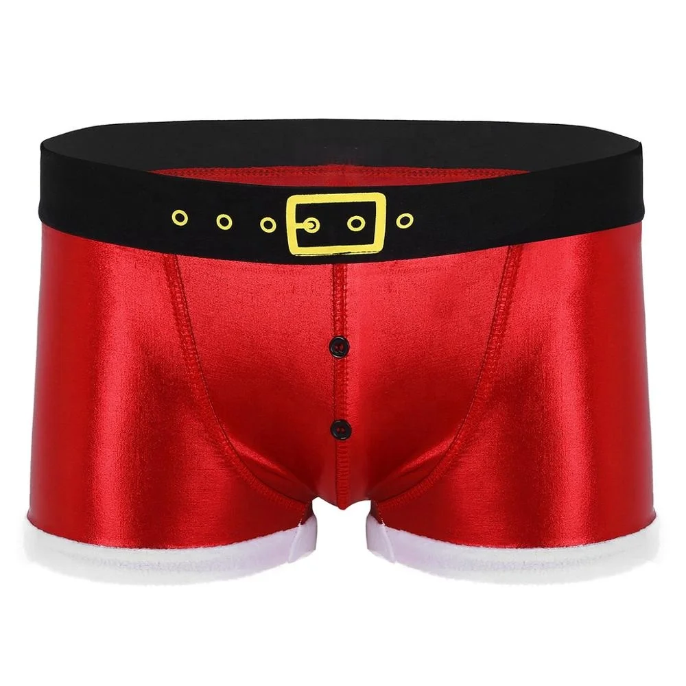 Faux Leather Polar Fleece Santa Claus Underwear Printed Belt Pattern Panties Christmas Holiday Boxers Briefs For Men