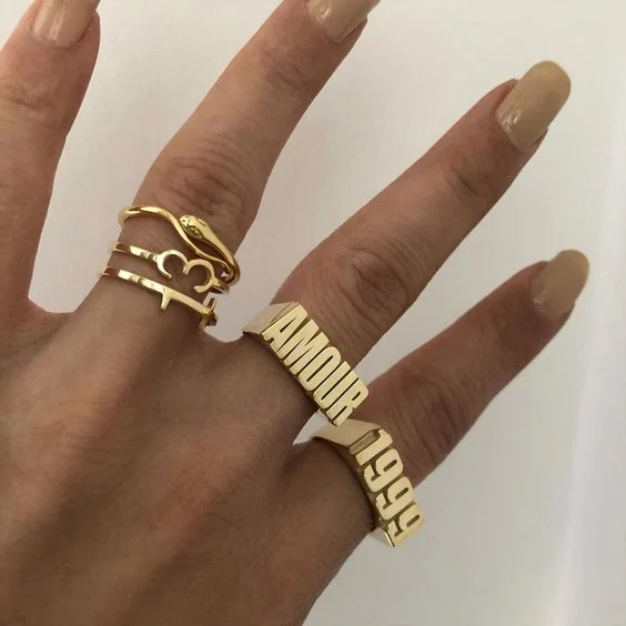 Custom Stainless Steel Jewelry Men & Women Jewellery 18k Gold Plated Personalized Name Birth Year Ring Date Number Engrave Rings