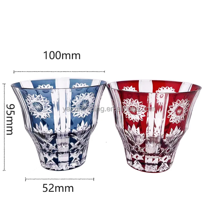 Flat Bottom Bohemia Style Drinking Glasses Blue Red Cut to Clear Crystal Drinking Glasses