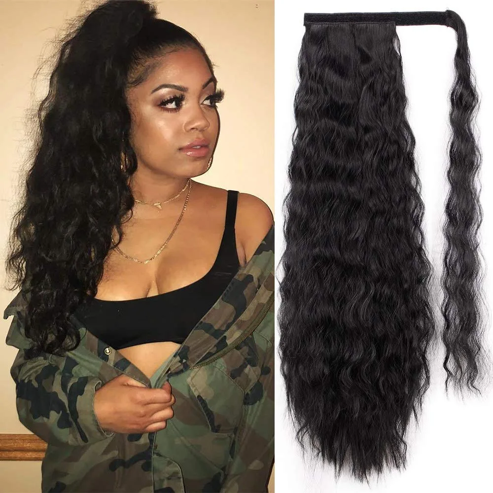 High Quality 22 Inch Drawstring Ombre Corn Wavy Curly Ponytail Clip In Pony Tails Hair Extensions