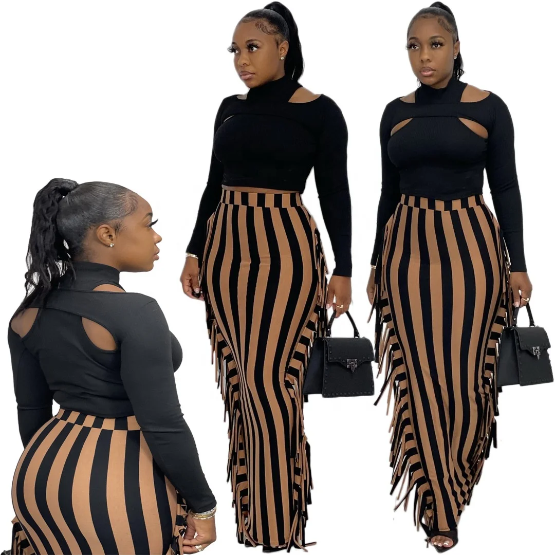LW-A5086 Black high neck long sleeve tops and long skirt side tassels two pieces african dress set