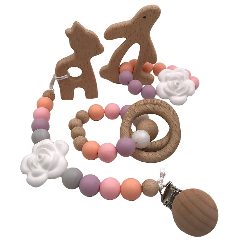 AliGan Baby Products Pacifier Chain Bracelet Beech Wood Silicone Molar Teether Toddler Teeth Set Teething Beads Holder Strap
