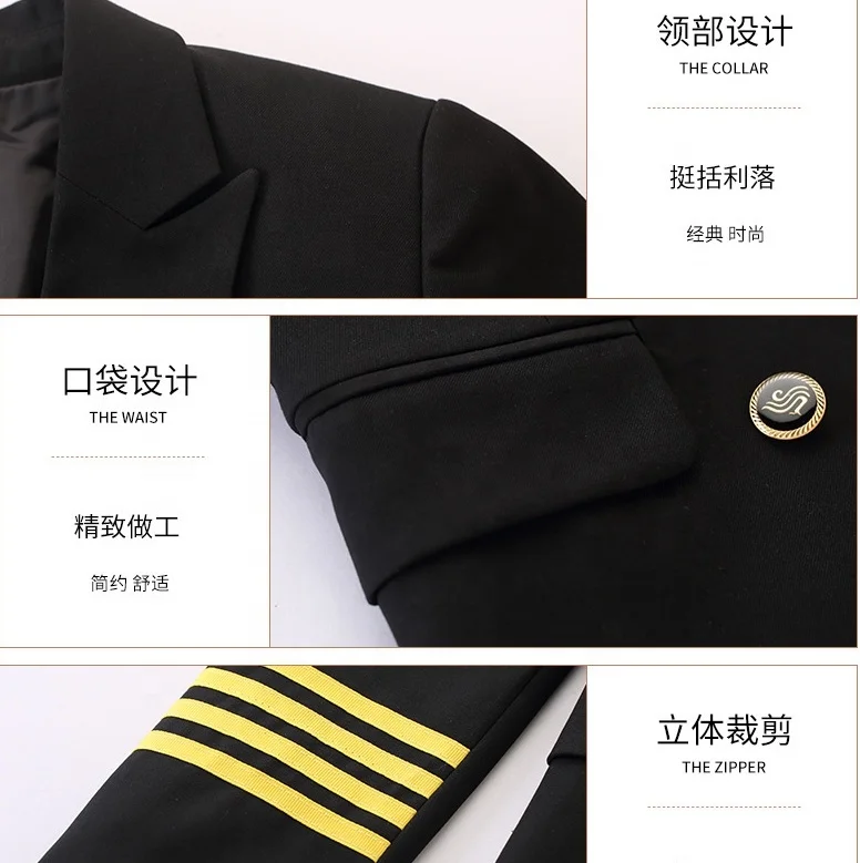 Spring Autumn Aviation School Uniform Pilot Hotel Double Breasted Work Uniform Men Women Blazer Jacket Pant Crew Airline Uniform