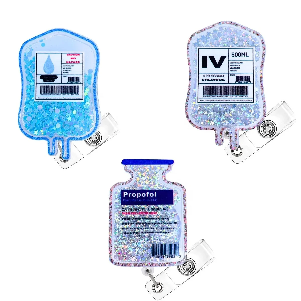 Blood Transfusion IV Bag Phlebotomist Shaker Glitter Retractable Badge Reel ID Card Holder Clip for Nurses Medical Accessories