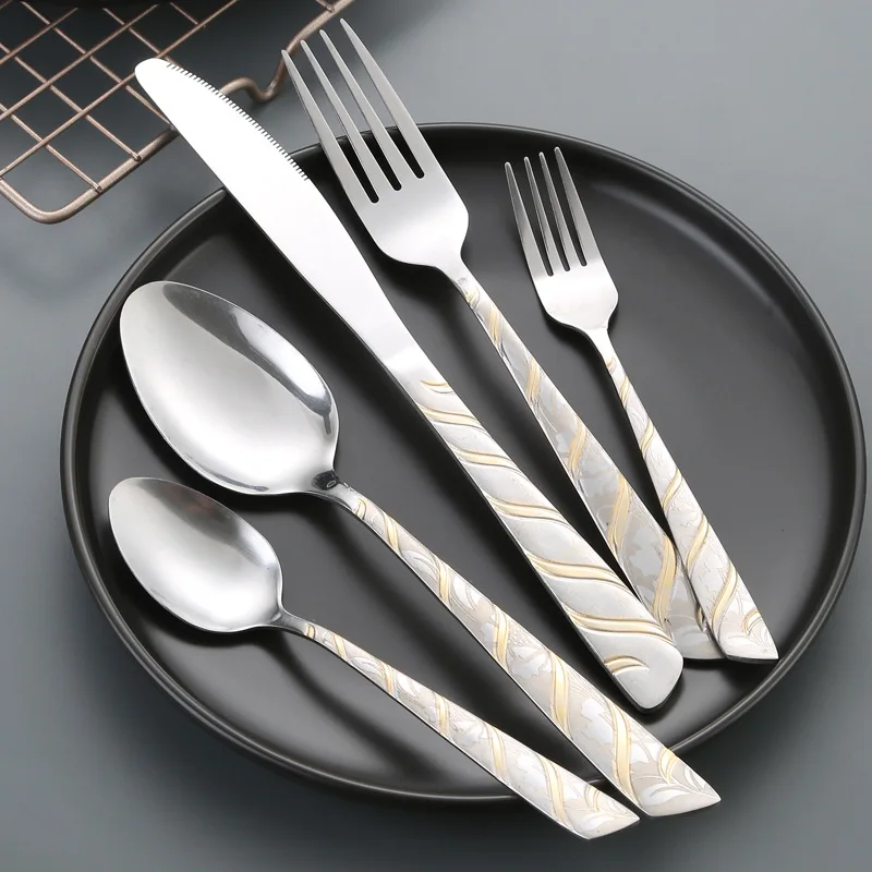Best Selling Slanted Handle Cutlery PVD Knife Fork Spoon Set For Creative Western Food Flatware Set Stainless Steel