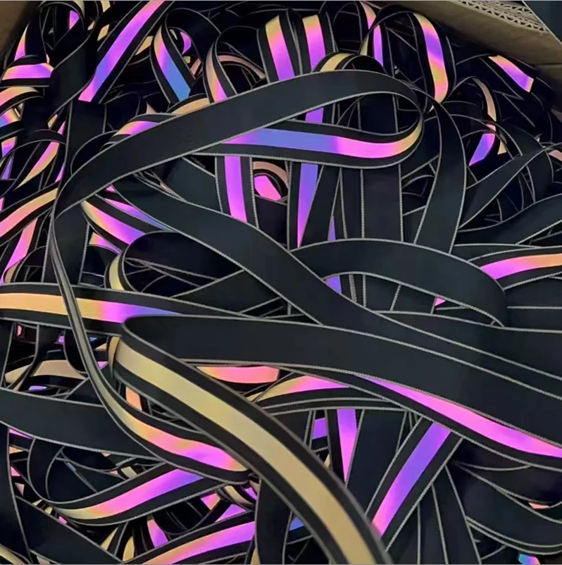 hi-vis 20mm 25mm custom logo pattern tape iridescent reflective ribbon iron rainbow colorful pet dog leash night collar webbing