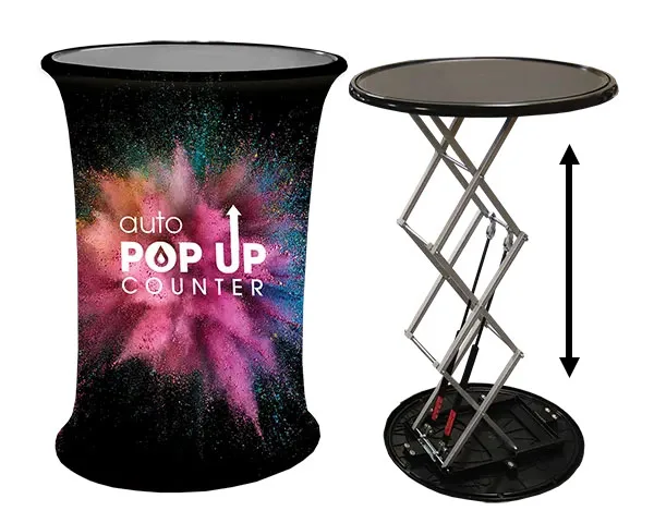 Pop up counter desk with tension fabric printing