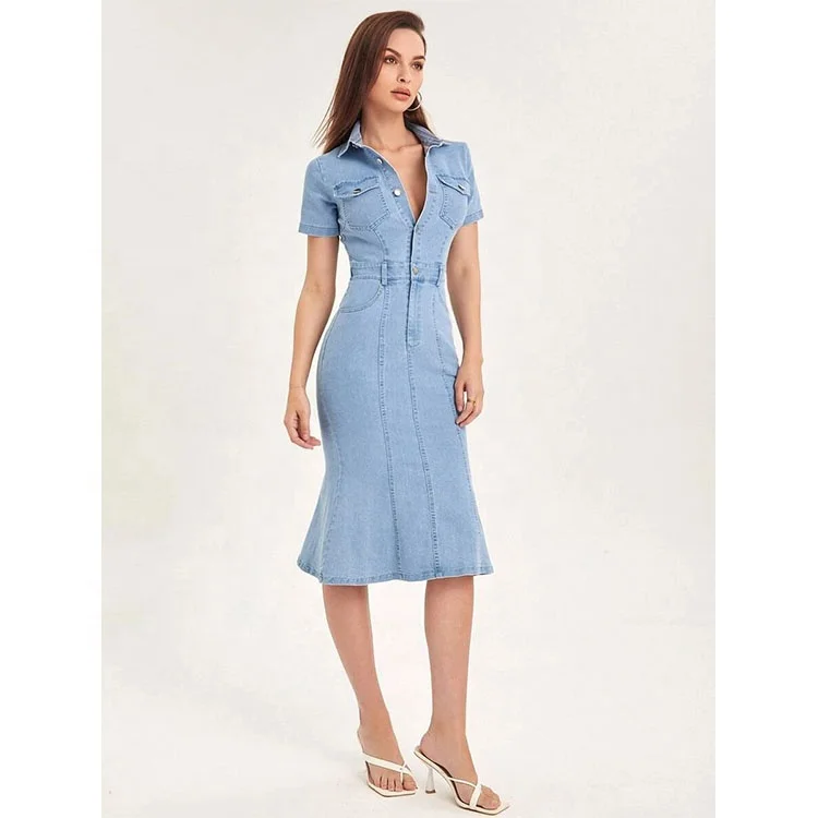 Custom Denim Dress High Quality Casual Half Button Flap Pocket Mermaid Hem Loose Women Denim Shirt Dress