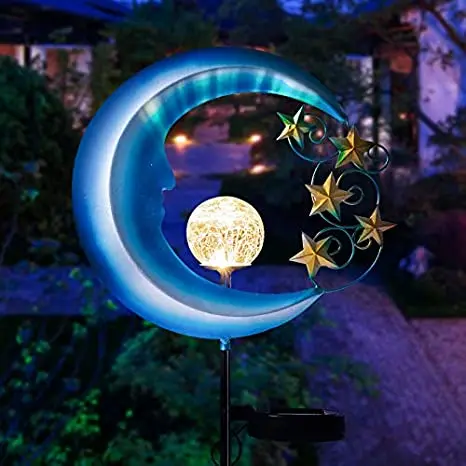 Cheap Price LED Solar Powered Metal Blue Moon Stake Lights With Crack Glass Ball Garden Yard Lawn  Solar Lamp Decoration