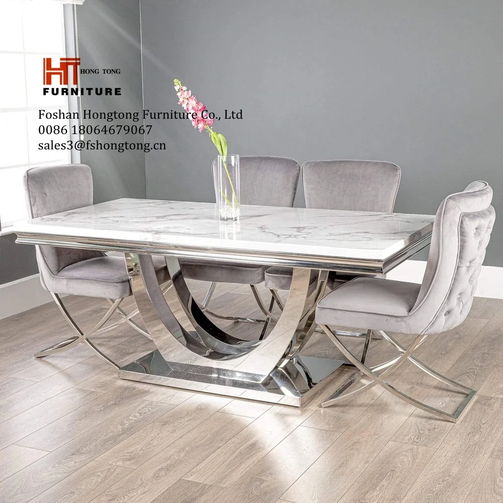 180cm Rectangular Marble Dining Table With Chrome Silver Stainless Steel Base