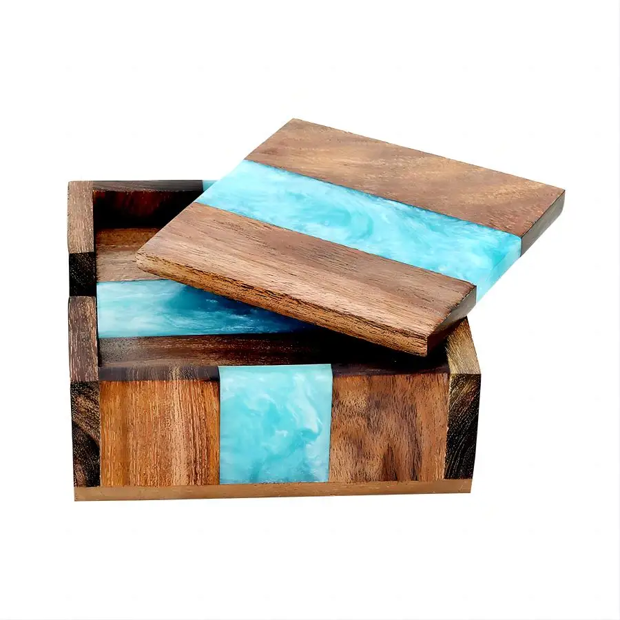 Wholesale Custom Logo Round Wooden Coaster Set of 4 Pieces with Holder Acacia Wood and Epoxy Resin Coasters for Drinks