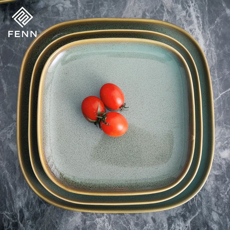 Crockery Glaze Surface Rock Japanese Food Serving Tray Ceramic Green 8 Inch 9 Inch 10 Inch Porcelain Big Square Plates
