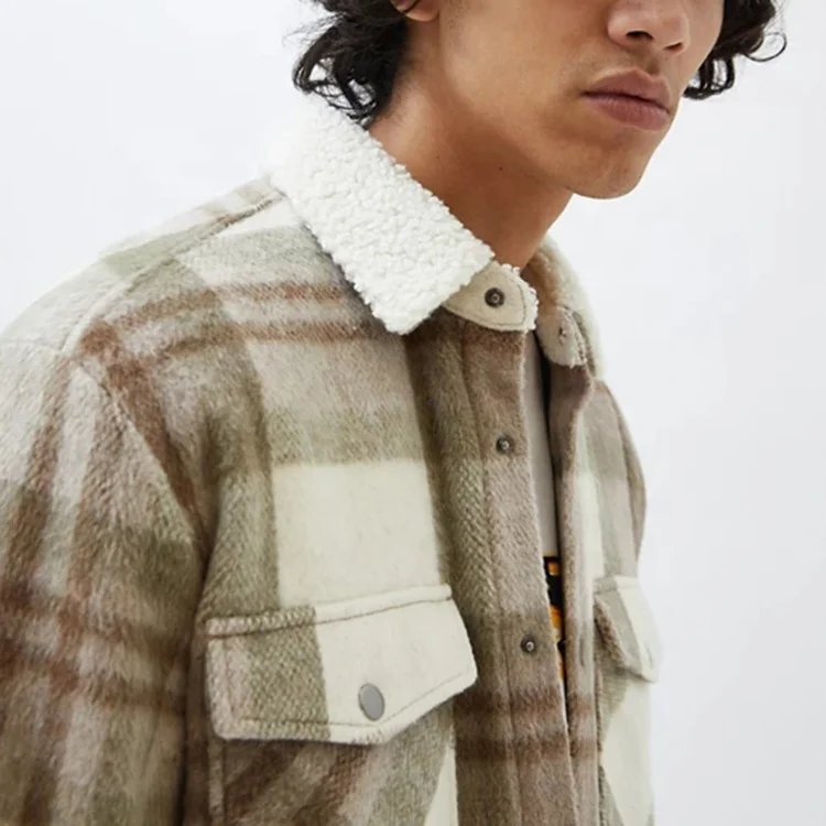 Mens custom borg collar press-stud placket plaid overshirt flannel jacket
