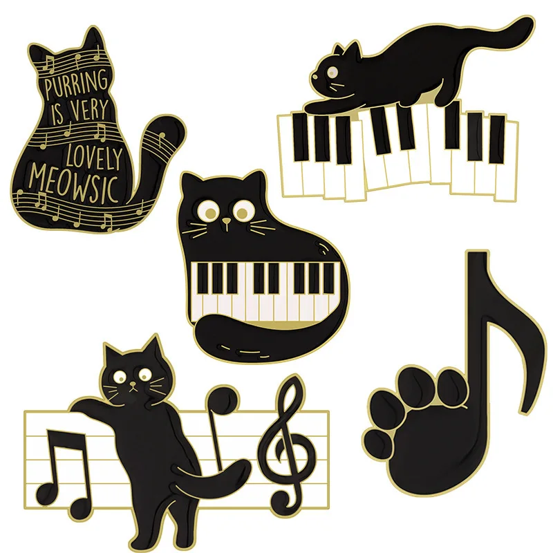 Wholesale high quality low price  cartoon cute black cat piano notes alloy brooch clothes package decoration lapel pin