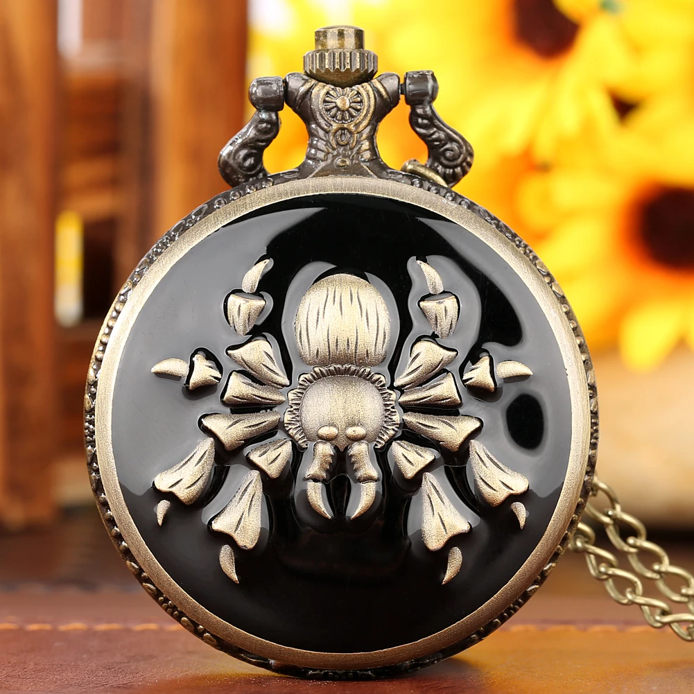 Resin Art Black Spider Vintage Quartz Locket Clock Bronze Antique Necklace Pendant Chain Pocket Watch