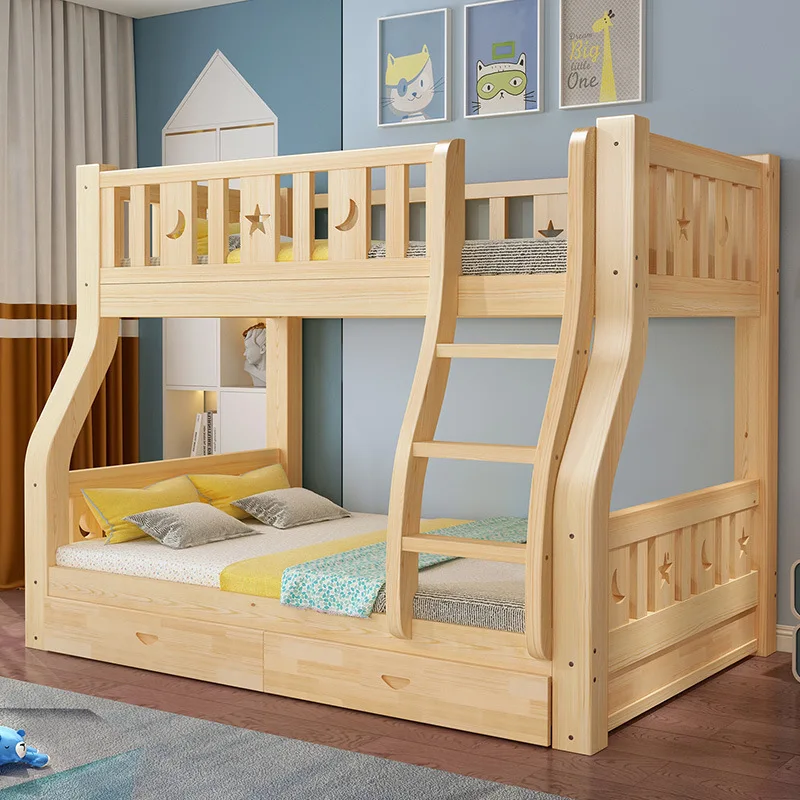 Hotel Kids Bed Set Solid Wood loft Double Queen Wooden Modern Bedroom Space Saving Wooden Bunk Bed With Stairs