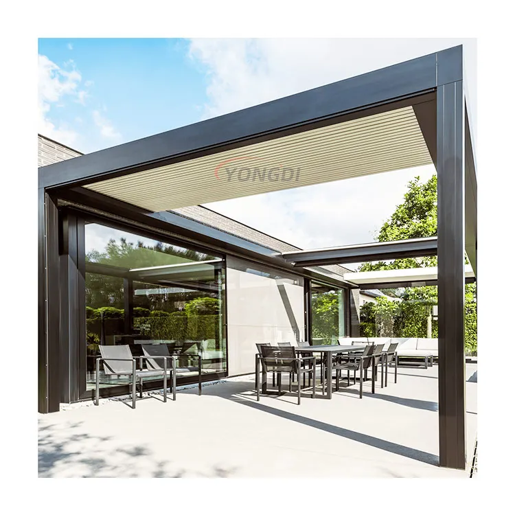 Contemporary outdoor bioclimatique balcony louvered roof aluminum pergola with motorized retractable blades