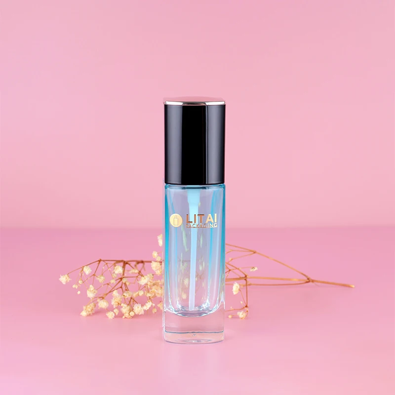 Hot Sale Square Glass Bottle 30ml Lotion Pump Bottle For Essential Oil and Foundation