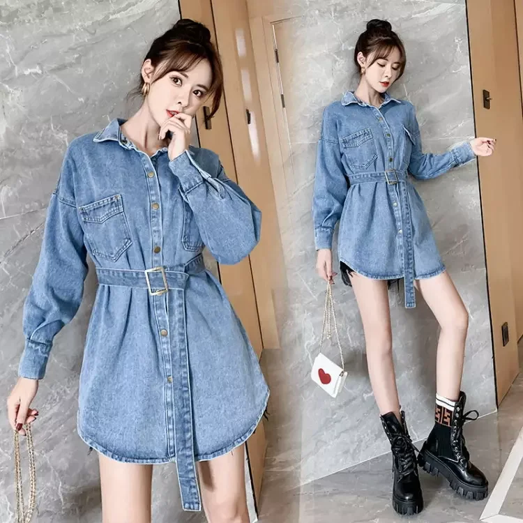 2022 Hot Sale Women Lapel Long Sleeve Denim Blouse Dress Fashion Cozy Denim Shirt Cotton Blouse Tops Fashion Denim Jacket