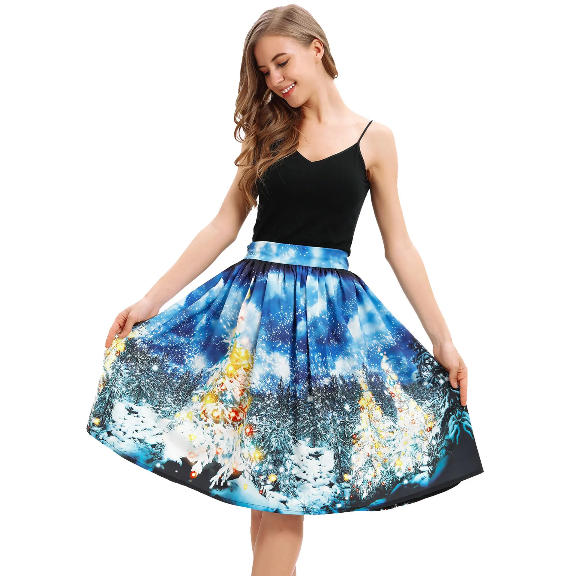 Пластиковое Сырье Рождественский олень цифровая печать Женская длинная пушистая юбка модное платье осень newPC