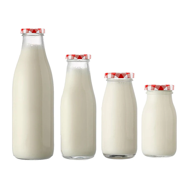 Custom round empty glass beverage bottle 500ml transparent glass milk bottle with metal lids