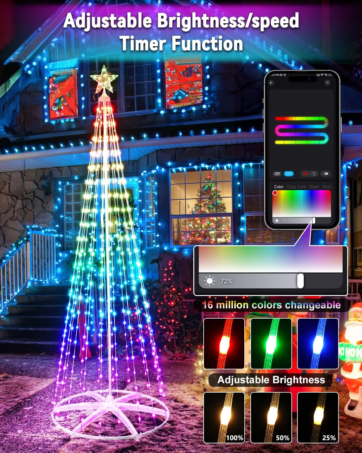 Рождественская елка Ip65 RGB Водопад цветное праздничное освещение декоративная светодиодная верхняя звезда умная конусная огни