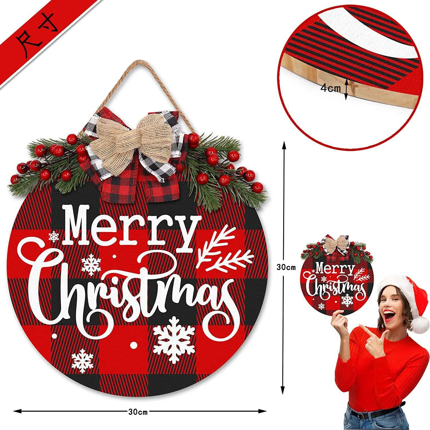 Christmas Round Wooden Door Wreath Sign Welcome Artificial Leaf Bow Decoration Holiday Front Door And Window Decoration Hanging