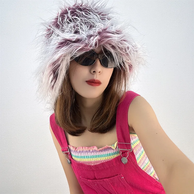 J&H 2023 trendy fuzzy buckets hats ladies y2k furry winter hats women fashion warm feather hats tops