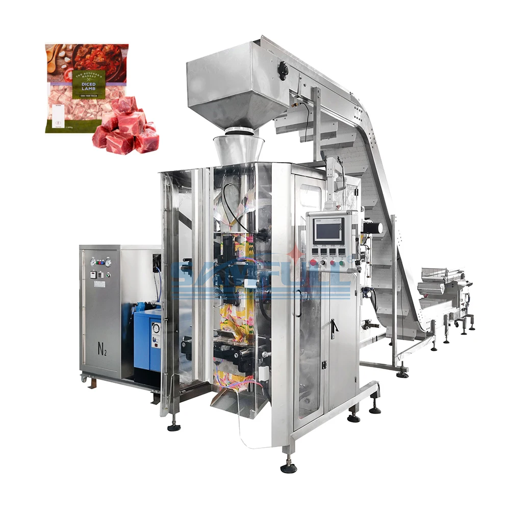 Automatic vffs chicken meat beef packing machine filling in nitrogen weighing frozen goat cut cubes packing machine
