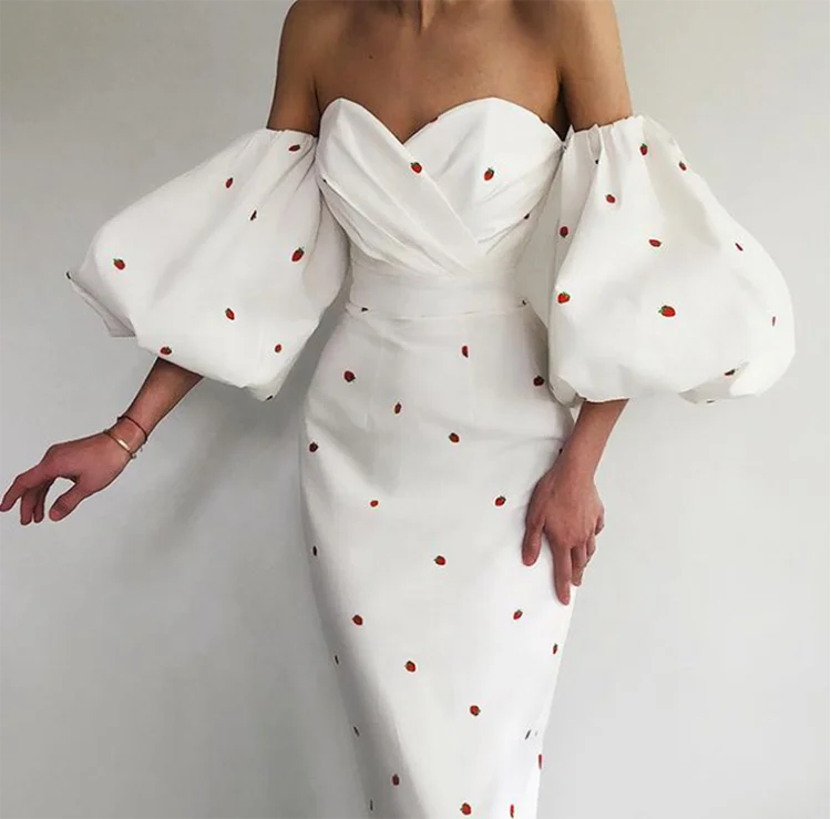 Wholesale Short Puff Sleeve Strapless Backless Strawberry Printed Maxi Dress Pleated Sexy Bodycon Long Women Pencil Dresses