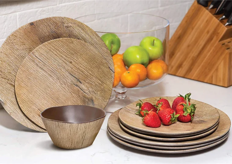 
Best sell 12 pc set wood grain dinnerware high quality melamine tableware eco-friendly and durable kitchenware 