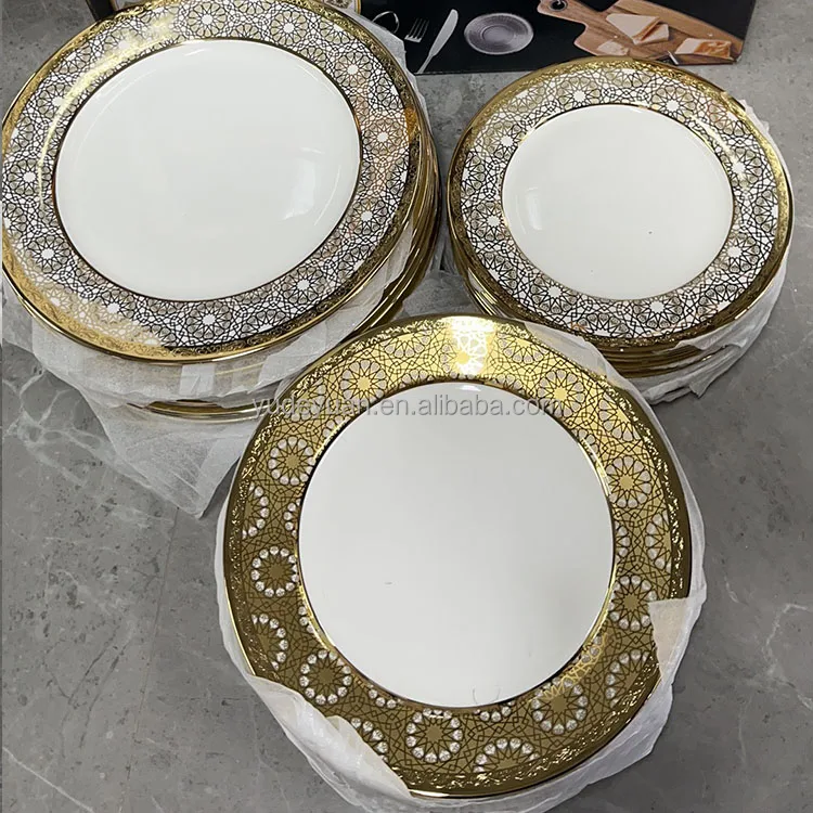 Morocco Electroplated Gold Custom Design Porcelain Ceramic 36pcs Bone China Dinner Sets Plates Sets Dinnerware for Wedding