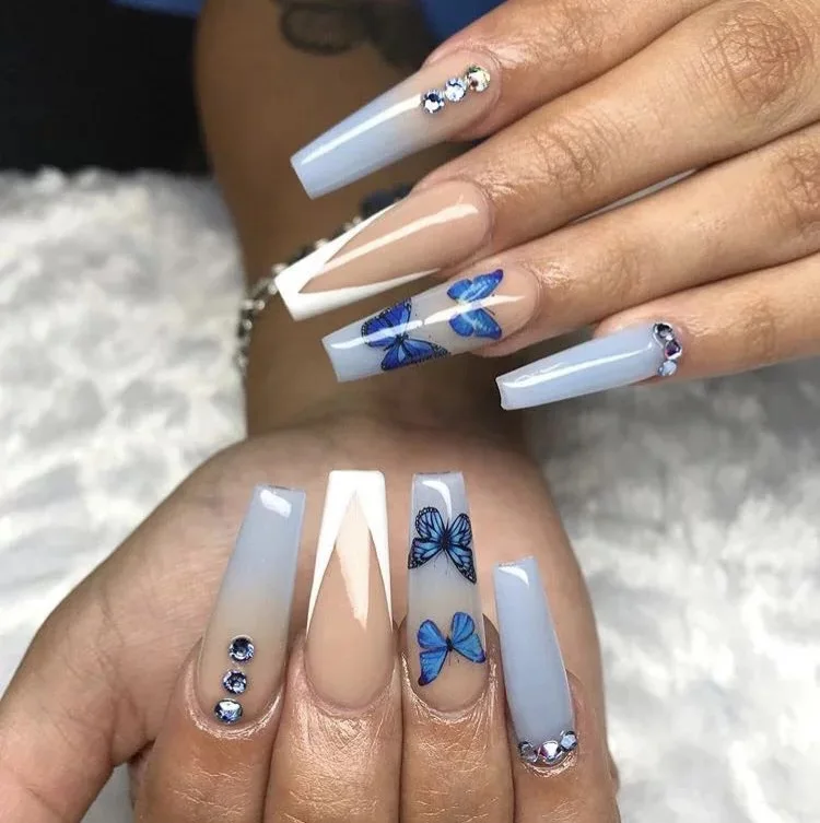 Customized French Blue Rhinestone Butterfly Long full Cover Artificial Fingernails Square Coffin Fake Nails Press on Nails