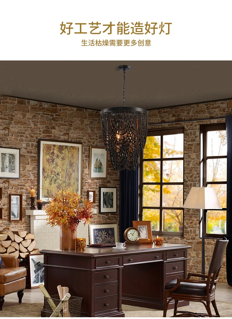 American  countryside BOHEMIA Retro Wood Art Wooden Bead Design Nordic Ceiling Lighting Chandelier For Living Room