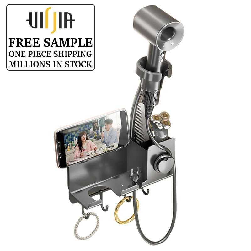 Hands Free Standing Hair Dryer Holder Plastic wall-mounted for bathroom stapie-free stickers
