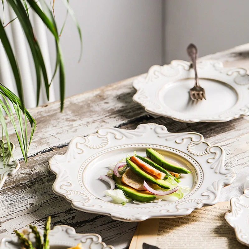 Creative White And Blue Color Baroque Ceramic Plate With Relief Household Ceramic Tableware Salad Bowl Steak Plates