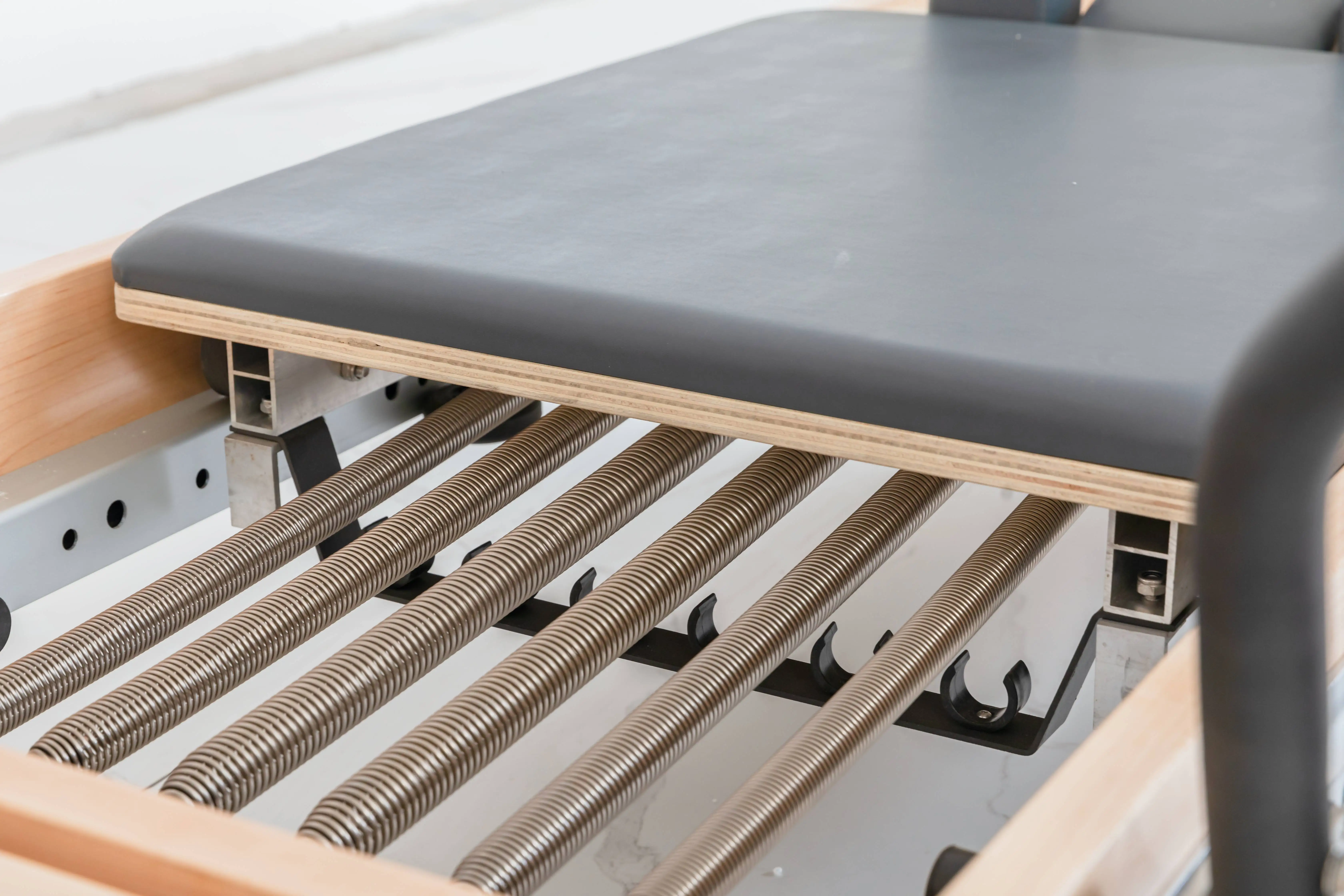 studio oem warehouse best qualified Studio Reformer bed beige black oak wood Pilates white wood Pilates reformer