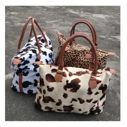 Women Travel Duffle Bag Carry On Tote Cow Black Printing Weekender Tote Bag For Woman