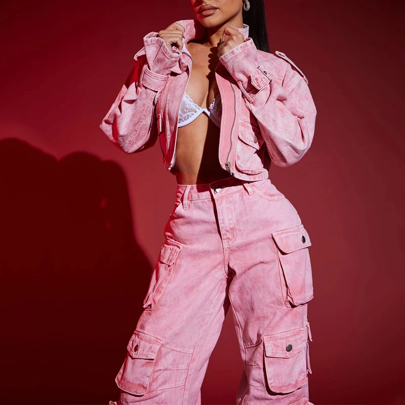 Custom Cropped Cargo Jacket and Baggy Jeans Two Pieces Outfits Street Women Denim Set