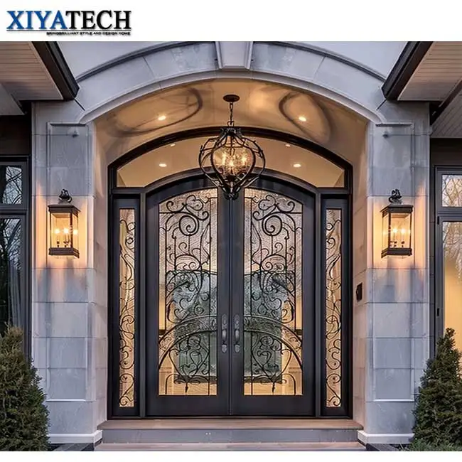 XIYATECH Luxury Main Entrance Security Door With Glass Wrought Iron large entrance front doors