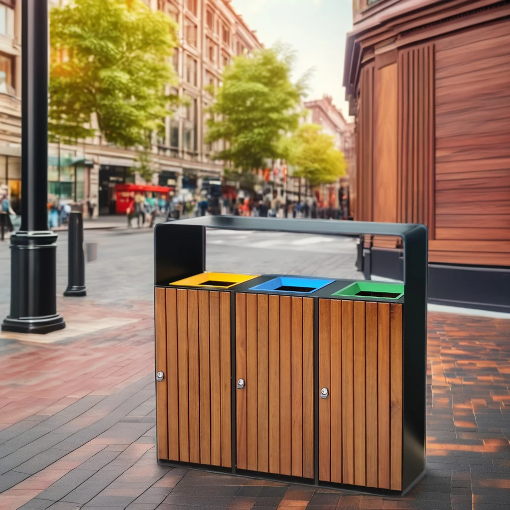 Commercial Outdoor Trash Can Bin 60L Rectangular Wood Nature Lid Plastic Stainless Colorful Open Mouth Design Storage